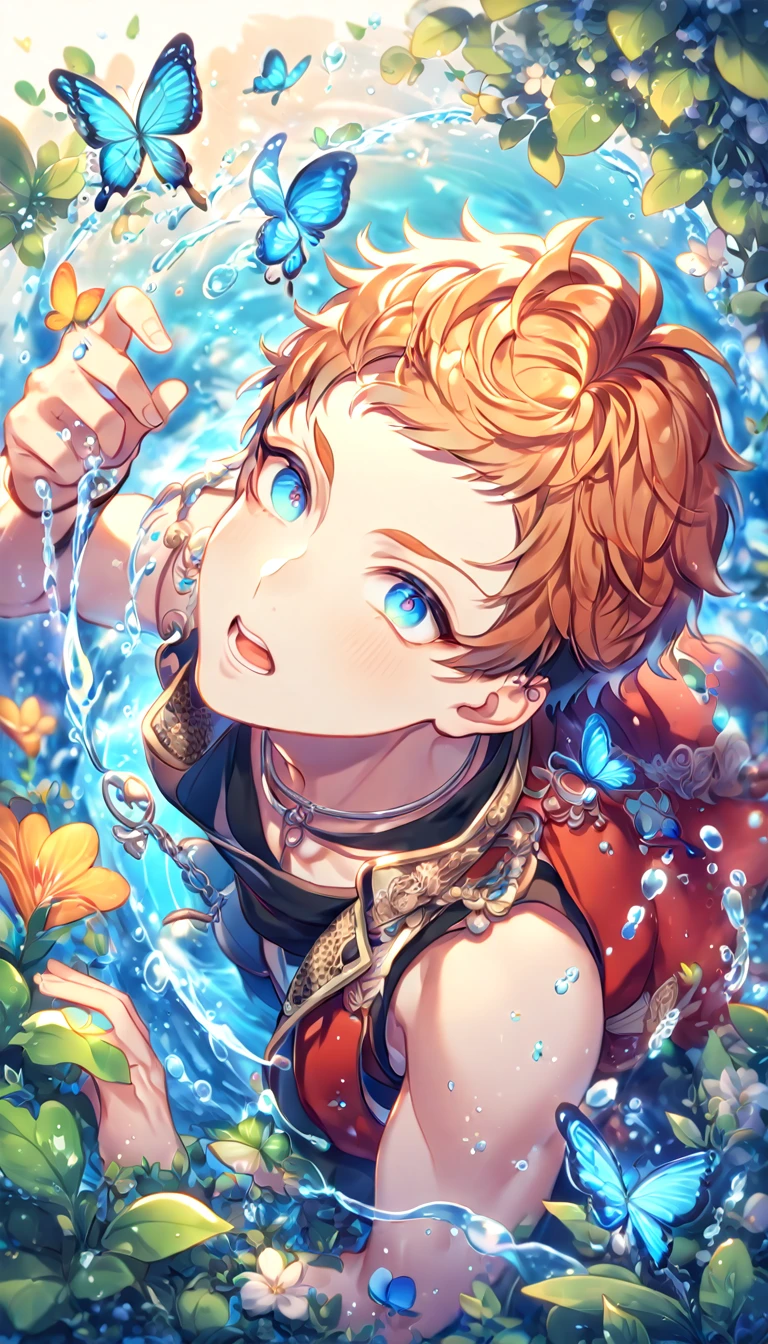 absurdres, highres, ultra detailed, HDR, master piece, best quality, extremely detailed face, delicated features, Busujima Meison Riou, orange undercut hair, short bangs, expressive blue eyes, Hypnosis Mic, solo, sexy man, handsome, soldier clothes, fantasy, magical, butterflies, summer, green leaves, flowers, water