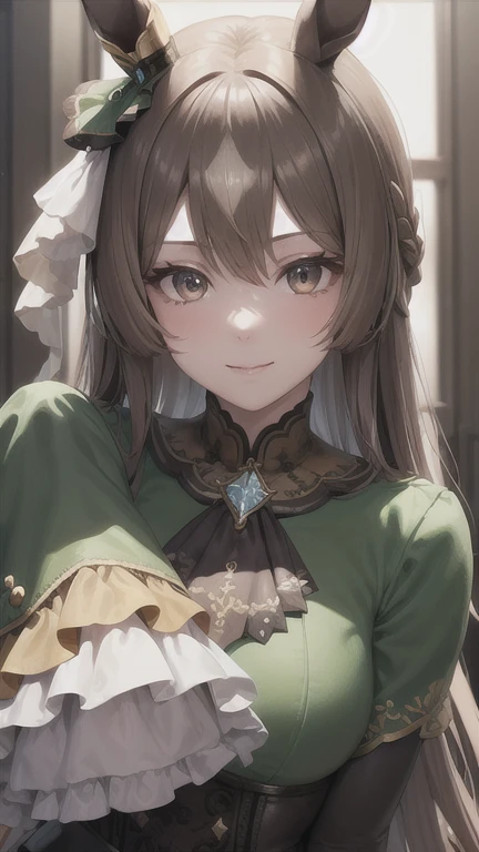 masterpiece, best quality, ultra-detailed, glistening shiny, glowing light, ray tracing, HDR, deph of field, (perfect face, detailed face, detailed eyes,perfect hands,perfect fingers), 8k,HD,ultra realistic face,ray tracing,perfect lighting,best quality, ultra-detailed,
looking at viewer, blush, smile, aasato, long hair, half updo, braid, hair between eyes, animal ears, ear ornament, horse tail, breasts, frills, black ascot, green dress, (sleeves past wrists:1.2), black thighhighs,
