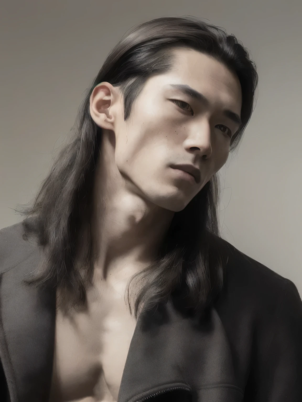 (8k, RAW photo, best quality, masterpiece:1.2), (realistic, photo-realistic:1.37), ultra-detailed, (high detailed skin:1.2), handsome man, asian, young man, pale skin, black eyes, (brunette black long hair:1.3) brutal, look at viewer, 8k uhd, dslr, soft lighting, high quality, film grain, Fujifilm XT3, professional lighting,