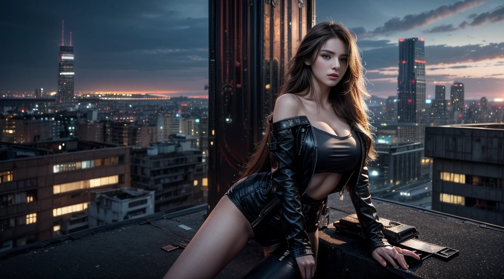 ((masterpiece, best quality, Highest image quality, high resolution, Reality, RAW photos, 8K)), Future city ruins,Girl standing on the roof,Tight leather jacket,Off-shoulder,Large Breasts,Long hair,Pretty face,Closed mouth,dramatic,Mid-range portrait,midnight