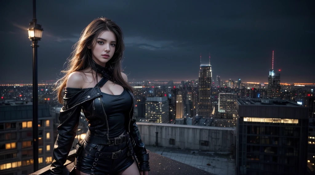 ((masterpiece, best quality, Highest image quality, high resolution, Reality, RAW photos, 8K)), Future city ruins,Girl standing on the roof,Tight leather jacket,Off-shoulder,Large ,Long hair,Pretty face,Closed mouth,dramatic,Mid-range portrait,midnight