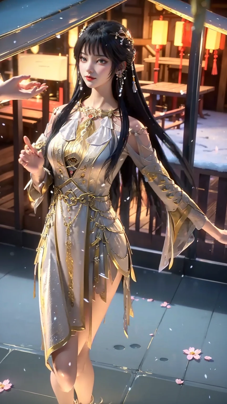 elegant long cheongsam, full body, sitting pose, long hemline revealing sexy legs, bare shoulders, young beautiful female model, graceful and alluring pose, extreme temperature contrast, beautiful detailed eyes, voluptuous bust, slender figure, extreme close-up cleavage, masterpiece, best quality, official art, highly detailed, clear face, studio lighting, physically-based rendering, necklace, light makeup, starry night background, sitting on stars