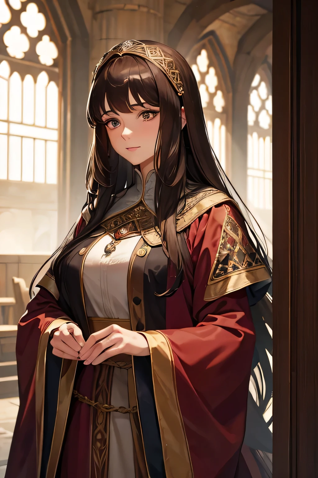 An older woman, skin fair, long brown hair with bangs, big eyelashes, medieval gown, a woman who is respected
