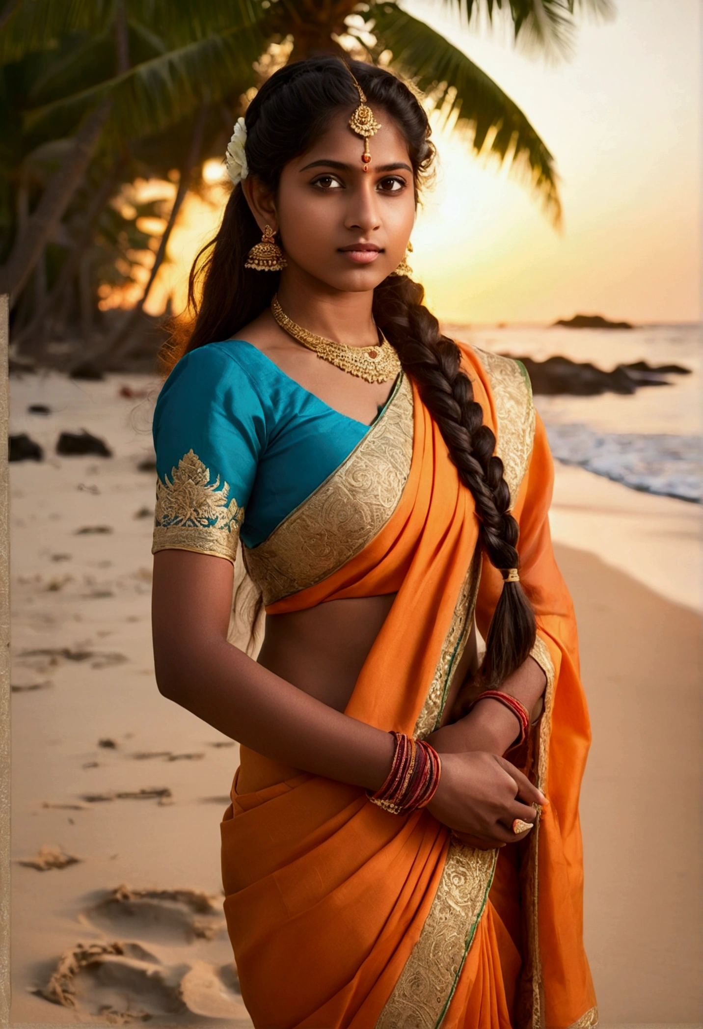 Very beautiful Indian Woman, portrait, 20 year old, , blouse and saree, dusk and sunset, tropical ocean beach sand, coconut trees, open breast, royal, detailed body, detailed face, traditional, gorgeous, ultra realistic, charming, cute, long braided hair, perfect fingers, ambient lighting, winter, detailed background, volumetric lighting, shadow, 8k