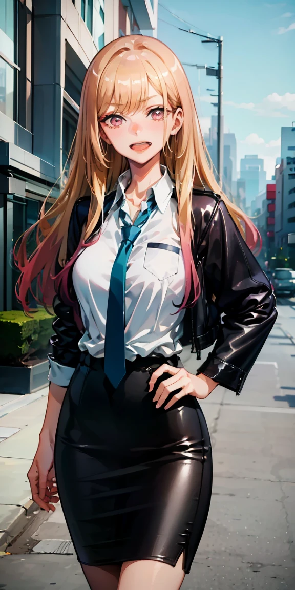 Marin Kitagawa,(best quality:1.6, highres), (beautiful detailed eyes:1.2), elevated, high-quality, beautiful face, 1 girl, leather pencil skirt, oversized leather jacket, blackbird, long hair, wide hips, landscape beautification, street, background, detailed background, sinister smile, angled laughter, long coat, blouse, tie, office woman, mature