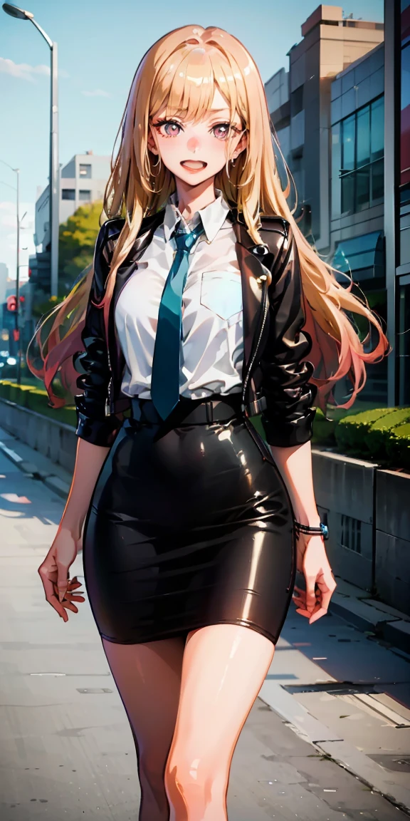 Marin Kitagawa,(best quality:1.6, highres), (beautiful detailed eyes:1.2), elevated, high-quality, beautiful face, 1 girl, leather pencil skirt, oversized leather jacket, blackbird, long hair, wide hips, landscape beautification, street, background, detailed background, sinister smile, angled laughter, long coat, blouse, tie, office woman, mature