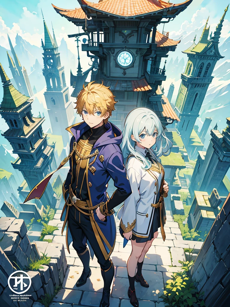 Manga cover,  stands back to back with a guy, fantasy world and urban city, Isekai, dimension rift