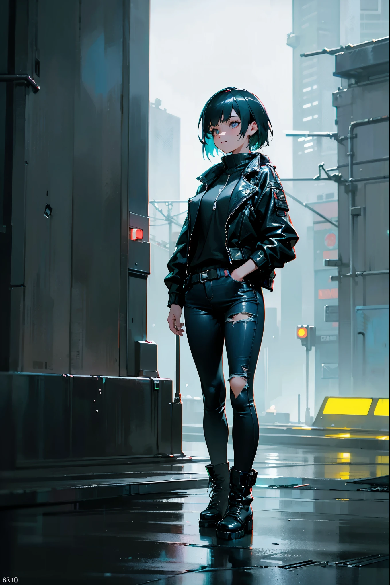1 girl, short teal hair, silver eyes, black leather jacket, ripped jeans, combat boots, standing in a cyberpunk cityscape with neon lights, rain falling, standing on path, (best quality,4k,8k,highres,masterpiece:1.2),ultra-detailed,(realistic,photorealistic,photo-realistic:1.37),cyberpunk,neon lights,dramatic lighting,moody,cinematic,atmospheric