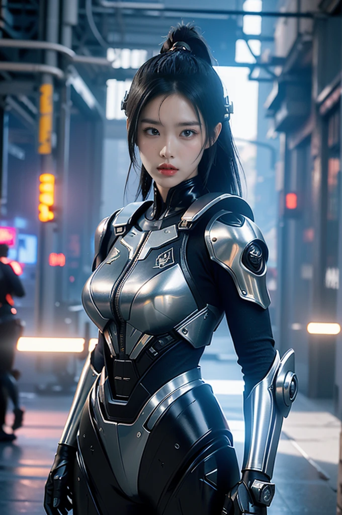 game art，Best picture quality，highest resolution，8ก，((half length photograph))，((Portrait))，(Third rule)，Unreal Engine 5 rendering works， (future girl)，(female warrior)， 22 year old young hacker)，(ancient oriental hairstyle)，(Beautiful eyes full of details)，(big breasts)，(eyelid)，elegant and charming，indifferent，((frown))，(A battle suit filled with futuristic technology.，The outfit combines futuristic power armor and，The clothes are decorated with glittering patterns and symbols.)，cyberpunk characters，in the form of the future， Posing for pictures，city background，lamp，Ray Tracing，CG game，((Real 3D engine))，OC rendering format