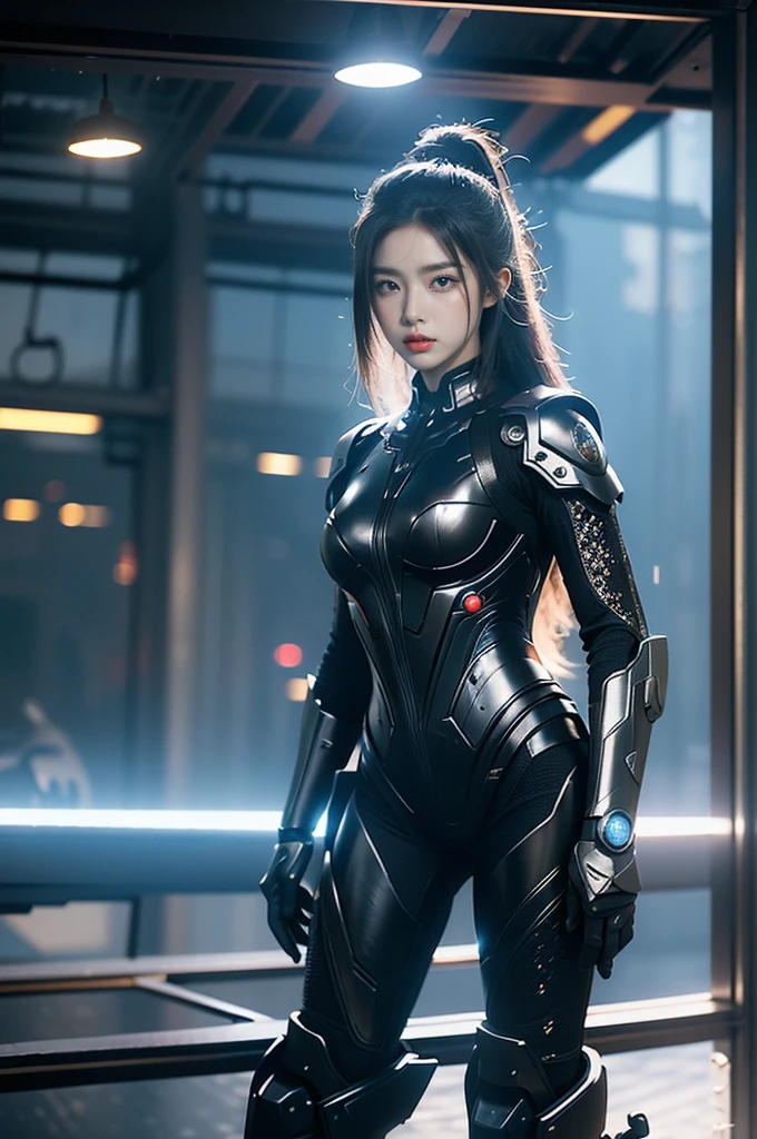 game art，Best picture quality，highest resolution，8ก，((half length photograph))，((Portrait))，(Third rule)，Unreal Engine 5 rendering works， (future girl)，(female warrior)， 22 year old young hacker)，(ancient oriental hairstyle)，(Beautiful eyes full of details)，(big breasts)，(eyelid)，elegant and charming，indifferent，((frown))，(A battle suit filled with futuristic technology.，The outfit combines futuristic power armor and，The clothes are decorated with glittering patterns and symbols.)，cyberpunk characters，in the form of the future， Posing for pictures，city background，lamp，Ray Tracing，CG game，((Real 3D engine))，OC rendering format