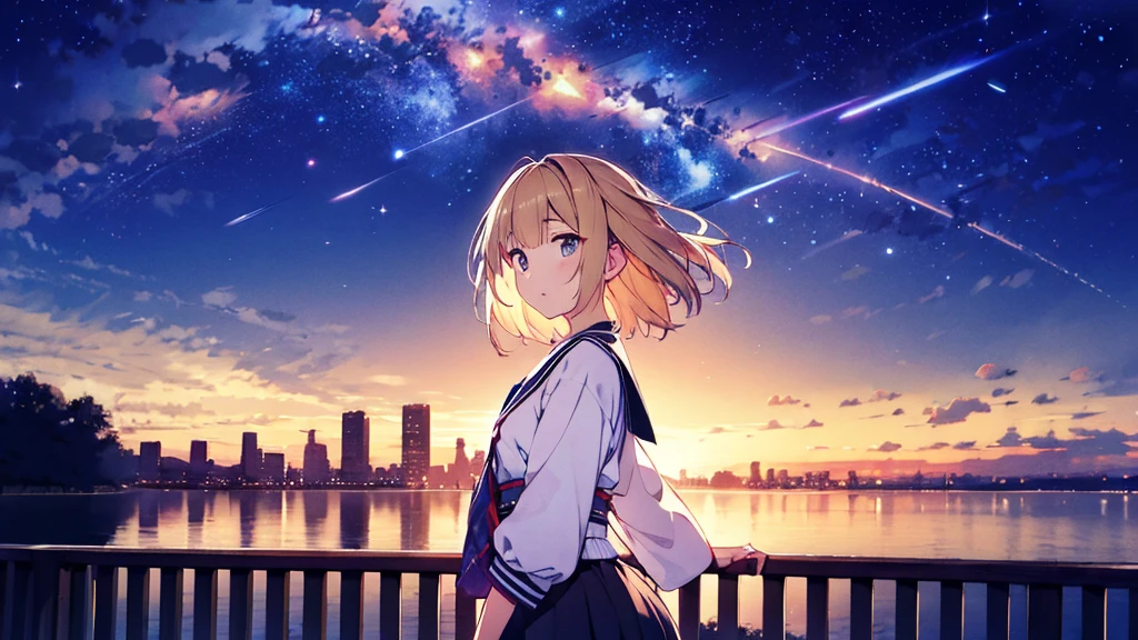 outrageous solution、High resolution、(masterpiece:1.4)、super detailed、floating、Super detailed night sky、performer、milky way、shooting star、Meteor、Meteor群, night, starry sky, Milky Way, beautiful anime scene, starry sky, night, near sky, 独奏, outdoor, cloud, hair length, city, silhouette, (highest quality、masterpiece)、1 girl、Super high resolution、独奏、japanese woman。Rear view、high school girl、Photorealism、light brown straight hair、thin hair、fashionable girl。wearing a white shirt。ray tracing light 