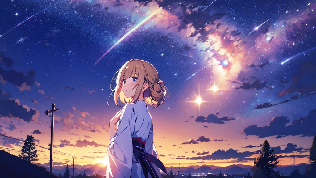 outrageous solution、High resolution、(masterpiece:1.4)、super detailed、floating、Super detailed night sky、performer、milky way、shooting star、Meteor、Meteor群, night, starry sky, Milky Way, beautiful anime scene, starry sky, night, near sky, 独奏, outdoor, cloud, hair length, city, silhouette, (highest quality、masterpiece)、1 girl、Super high resolution、独奏、japanese woman。Rear view、high school girl、Photorealism、light brown straight hair、thin hair、fashionable girl。wearing a white shirt。ray tracing light 