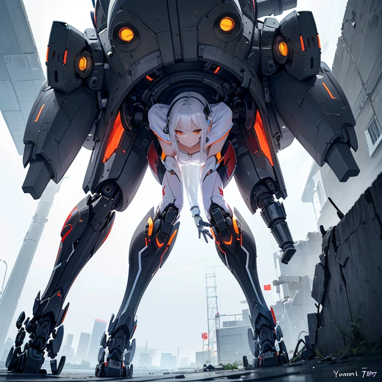 (8k, Realistic, RAW Photos, Highest quality, (from below:2), View your viewers: 1.3), (Fox Girl, Fox Ears, Silver Hair, One Girl, Long Hair, (Alone on the screen, dark skin), High definition:1.6), (mecha musume, Machinery Parts,Robot Joints, (White and red clothes, Full body mechanical suit):1.8), (Body measurements are 75-60-75!, Young girl body, Small breasts, , bent over, slender, muscle:1.9),(美しいface, Delicate drawing, It is written down in detail), Avatar, face, 色っぽいface, Dominant representation, naughty face, Uplifting, Skin Texture, outside, ruins, Ruined City, Broken Building, There are no people