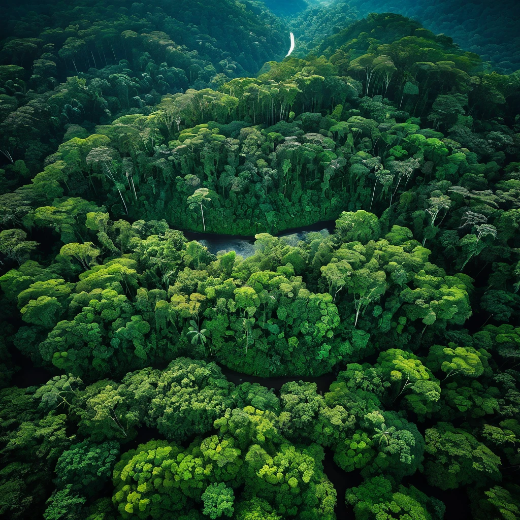 ((best quality)), ((masterpiece)), ((detailed)), (Exquisite), ((4K)), (Intricate), Landscape, Tropical Rainforest, Equatorial Forest, Rainforest, Drone photo, Birds-eye view photo, Drone shot, Dramatic lighting, Striking illumination, Theatrical lighting, High contrast illumination, Telephoto lens, Long focal length lens, Compressed perspective