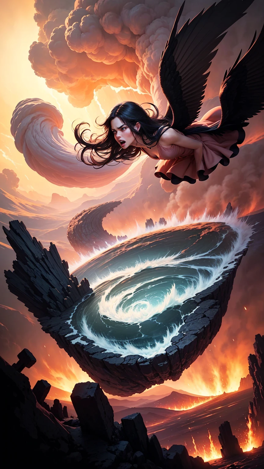 ((best quality)), ((masterpiece)), (detailed), A digital illustration of a furious woman in a light peach color princess dress with long black hair flying in the air surrounded by monsters, with a tornado and lava in the background