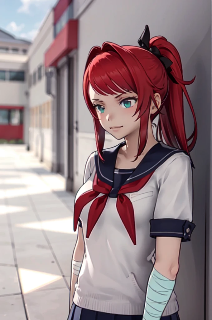 yandere_style, (1girl:1.3),, ultra detailed, masterpiece, best quality, aesthetic, detailed,, ultra detailed, masterpiece, best quality, solo, smirk, 1girl, red hair, teal eyes, bandage on face, bandage arms, long hair, ponytail