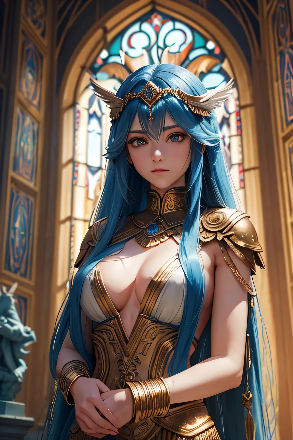 A long BLUE-haired Valkyrie stands gracefully in a magnificent temple, illuminated by the soft glow of moonlight filtering through stained glass windows. The temple is bathed in a mystical light, with shadows dancing on the marble floor. She is in deep conversation with the gods, their ethereal forms glowing with a faint, otherworldly light. The atmosphere is serene and majestic, with the grandeur of the temple and the sacredness of the moment emphasizing the Valkyrie's reverence and devotion in the tranquil night.(((upper body)))