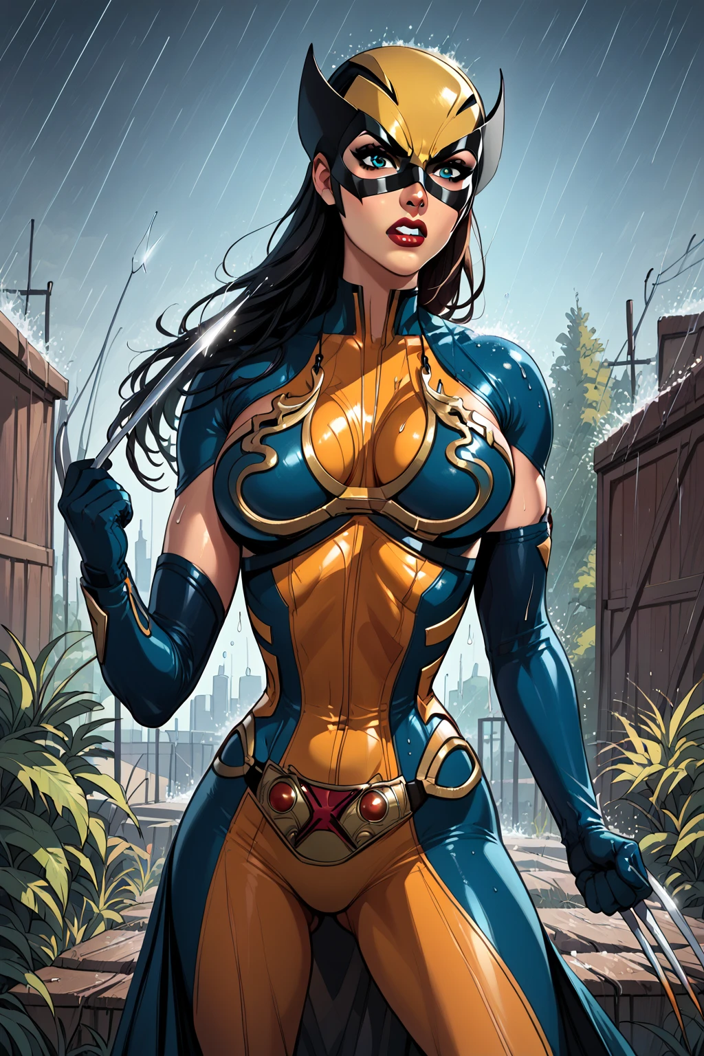 score_9, score_8_up, score_7_up, masterpiece, high quality, BREAK LraKinyX, long hair, mask, bodysuit, gloves, belt, angry, rain, weapon, claws