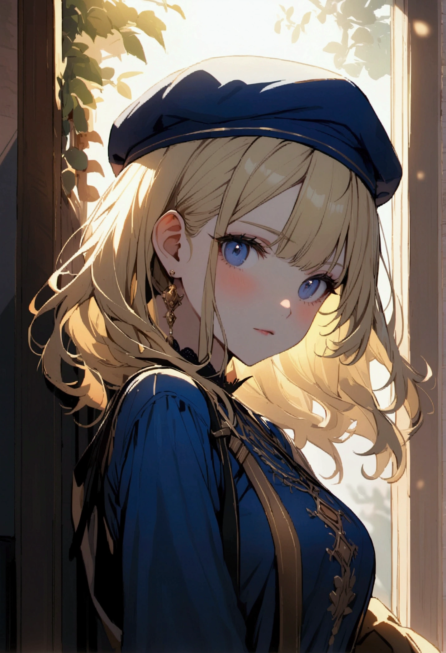 a portrait of a blonde girl in a blue cap and blue shirt