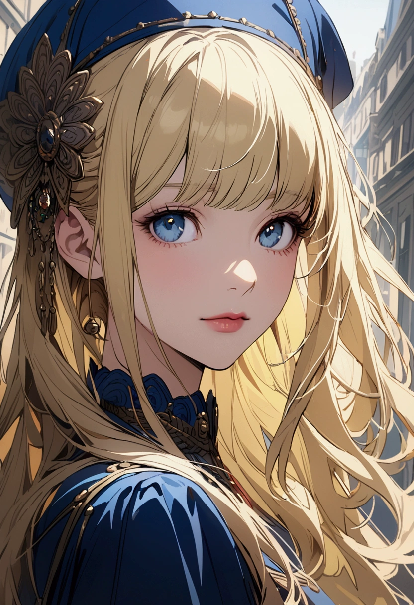 a portrait of a blonde girl in a blue cap and blue shirt