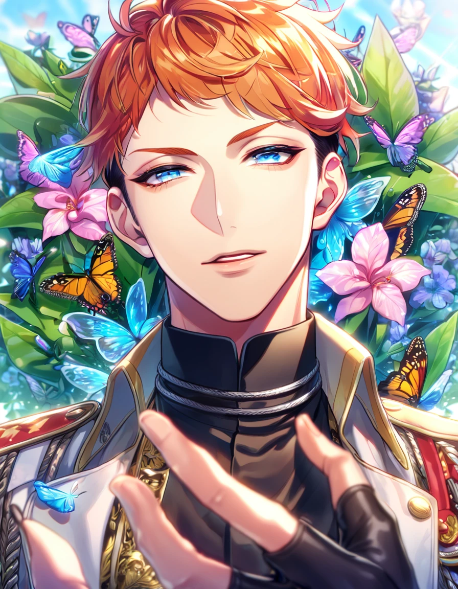 absurdres, highres, ultra detailed, HDR, master piece, best quality, extremely detailed face, delicated features, Busujima Meison Riou, orange hair, undercut hair, short bangs, expressive blue eyes, Hypnosis Mic, solo, sexy man, handsome, soldier clothes, black fingerless gloves, fantasy, magical, butterflies, summer, green leaves, flowers, water