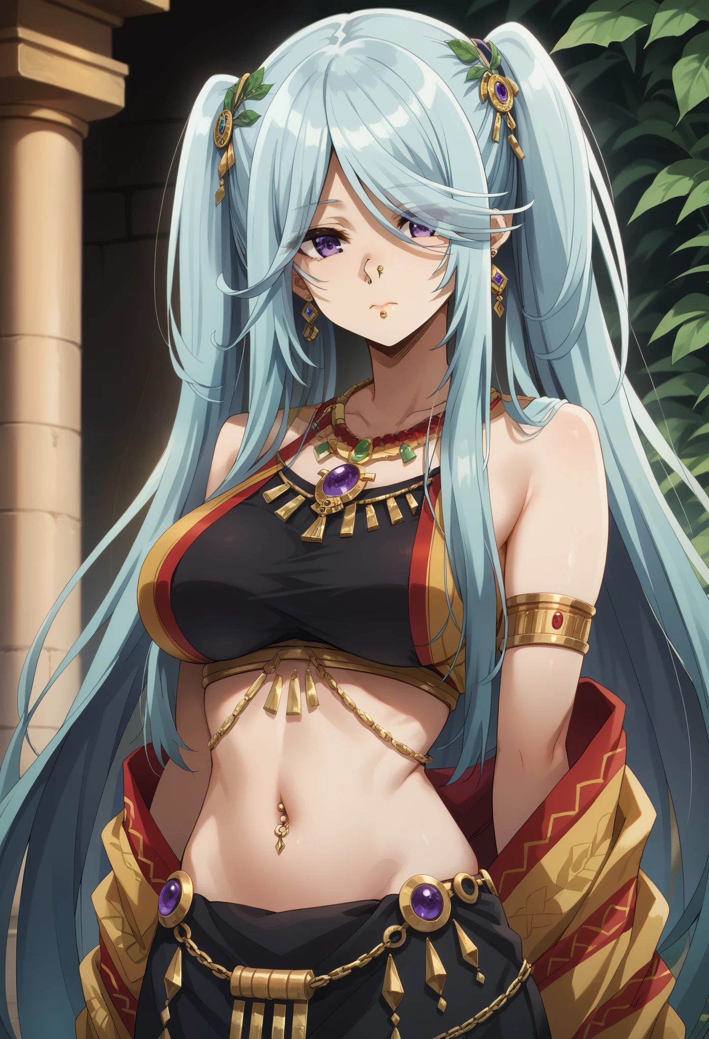 1girl,long hair,blue hair,purple eyes,twintails,,big breast,tall woman,full display of temple jewelry, a pair of earrings, necklace, bangles, navel piercing, ring, maang tikka highly detailed vray render, flash, high quality, 18k,, long hair, multicolored dress, hair ornament, golden embroidery, ancient indian, midriff peek, waist jewelry, (nose pin), armlet with golden chains, (close-up), golden shawl with intricate leaf embroidery, embroidered dress, (kamarband:1.1), veil over eyes,best quality,
