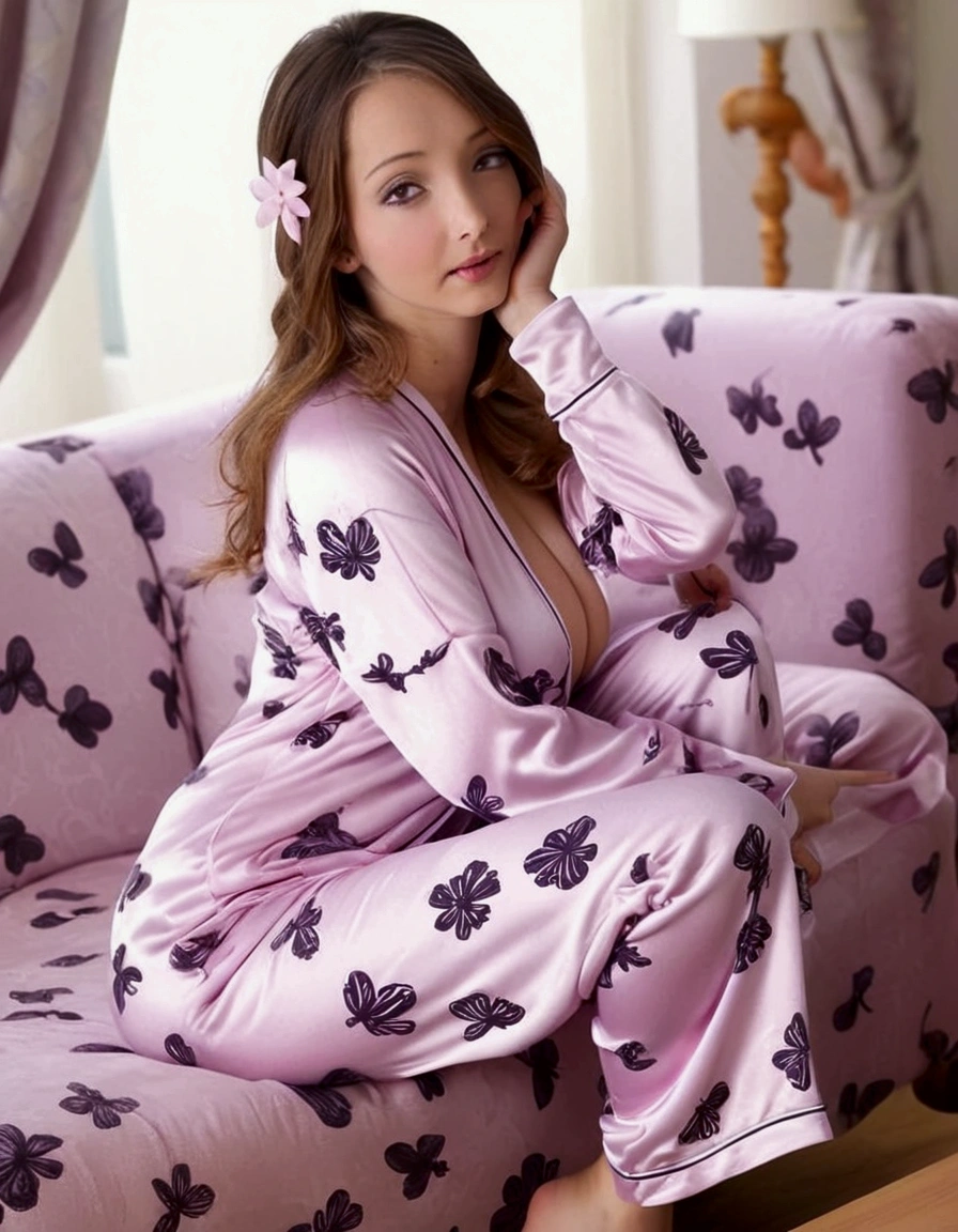 Wearing sexy pajamas, graceful figure, coquettish, study room, sofa, random enchanting movements, facing the camera, imaginative, first love