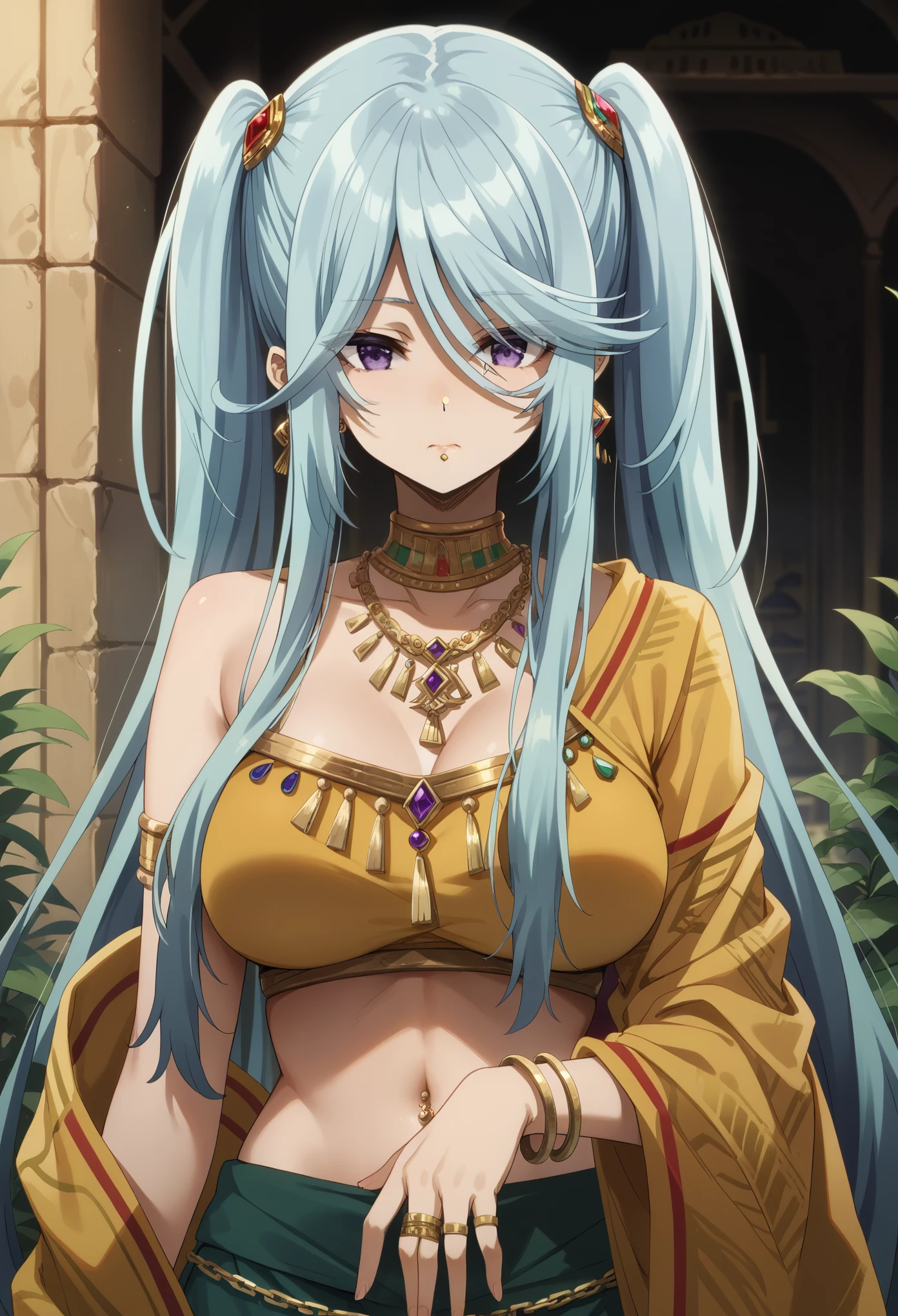 1girl,long hair,blue hair,purple eyes,twintails,,big breast,tall woman,full display of temple jewelry, a pair of earrings, necklace, bangles, navel piercing, ring, maang tikka highly detailed vray render, flash, high quality, 18k,, long hair, multicolored dress, hair ornament, golden embroidery, ancient indian, midriff peek, waist jewelry, (nose pin), armlet with golden chains, (close-up), golden shawl with intricate leaf embroidery, embroidered dress, (kamarband:1.1), veil over eyes,best quality,
