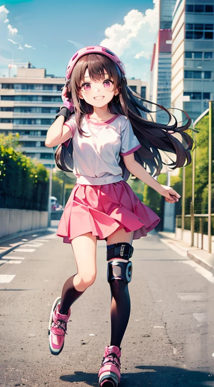 Highest quality、((Dark brown long hair、Two Side Up))、((Pink inline skates、Knee and elbow protectors))、Short-sleeved shirt、Junior high school girl、Cute smile、Knee-length skirt、Round droopy eyes、Cheerful pose