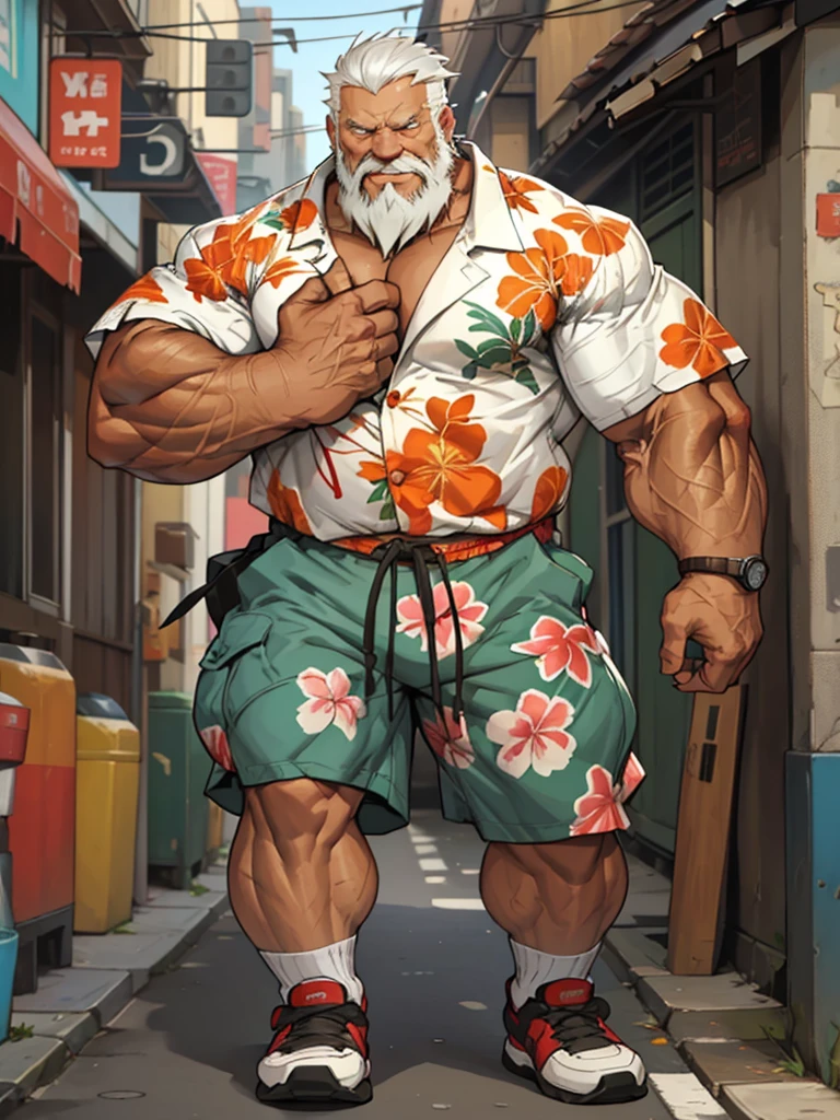 Solo, 1man, 1boy, old man in street city, old man, thick arm, huge arm, bearded. white hair and beard, bearded, muscular, pectoral, wide pectoral, realistic, 8k, masterpiece, (wearing shorts and wearing Hawaiian shirt, shoes)