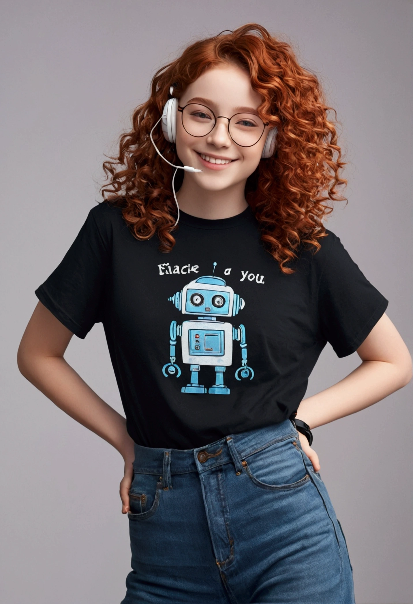 Robot SeaArt, Txt2Img, 11:21:31, masterpiece, Best Quality),1 teenager of 16 years, wavy red hair, round glasses, Curly hair, smiling, black t-shirt, wide-leg jeans, hand on waist, in ear headphones, warm lighting, blurred closeup, posing for your own photo.  