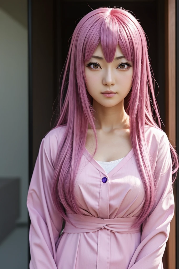 Anime character Ouka Makusawa, in the form of a real woman from the real world, realistic and human version. Pink hair violet eyes