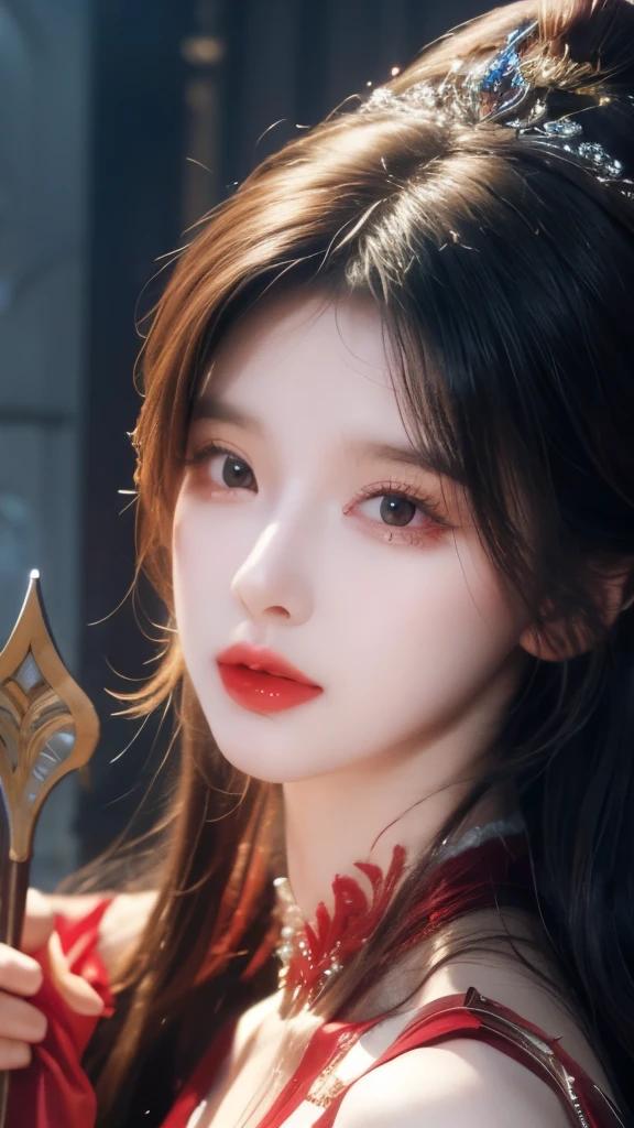A woman in a red dress、Close-up of woman holding sword, Beautiful fantasy queen, ((Beautiful fantasy queen)), Beautiful fantasy girl, 2. 5D CGI anime fantasy artwork, Beautiful and charming anime woman, Fantasy woman, Beautiful fantasy art, Full body fairy, Anime Goddess, Beautiful and elegant queen, Fantasy art style, Anime fantasy illustration，