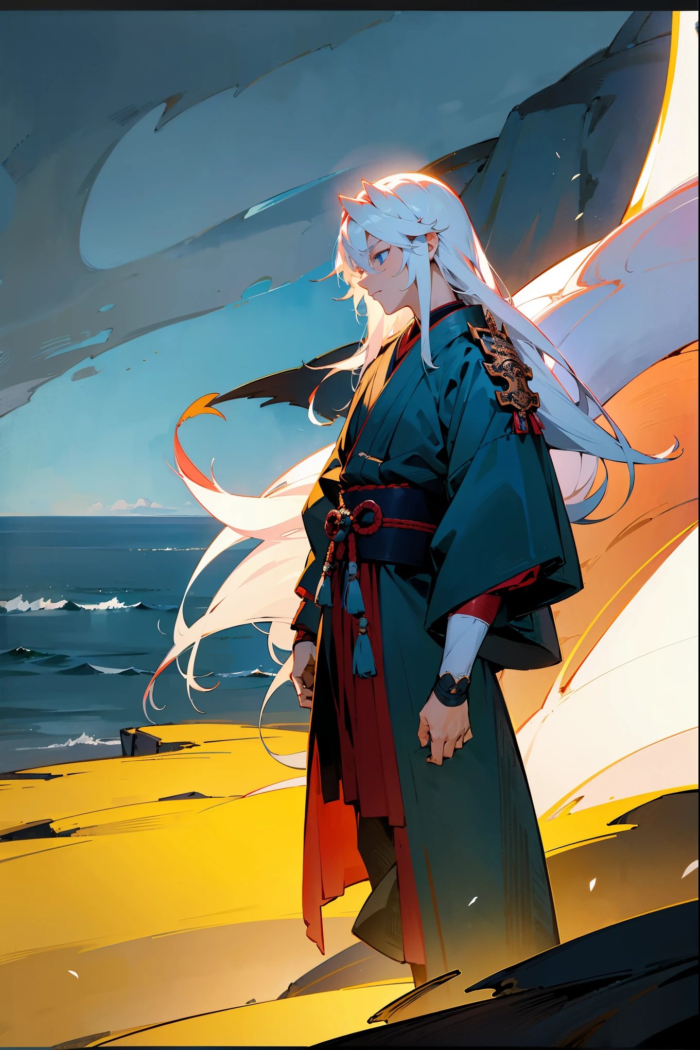 1male, long white hair, blue eyes, traditional samurai armor with dragon motifs, standing on a cliff overlooking the ocean, masterpiece, 8k, stormy sky, standing on path