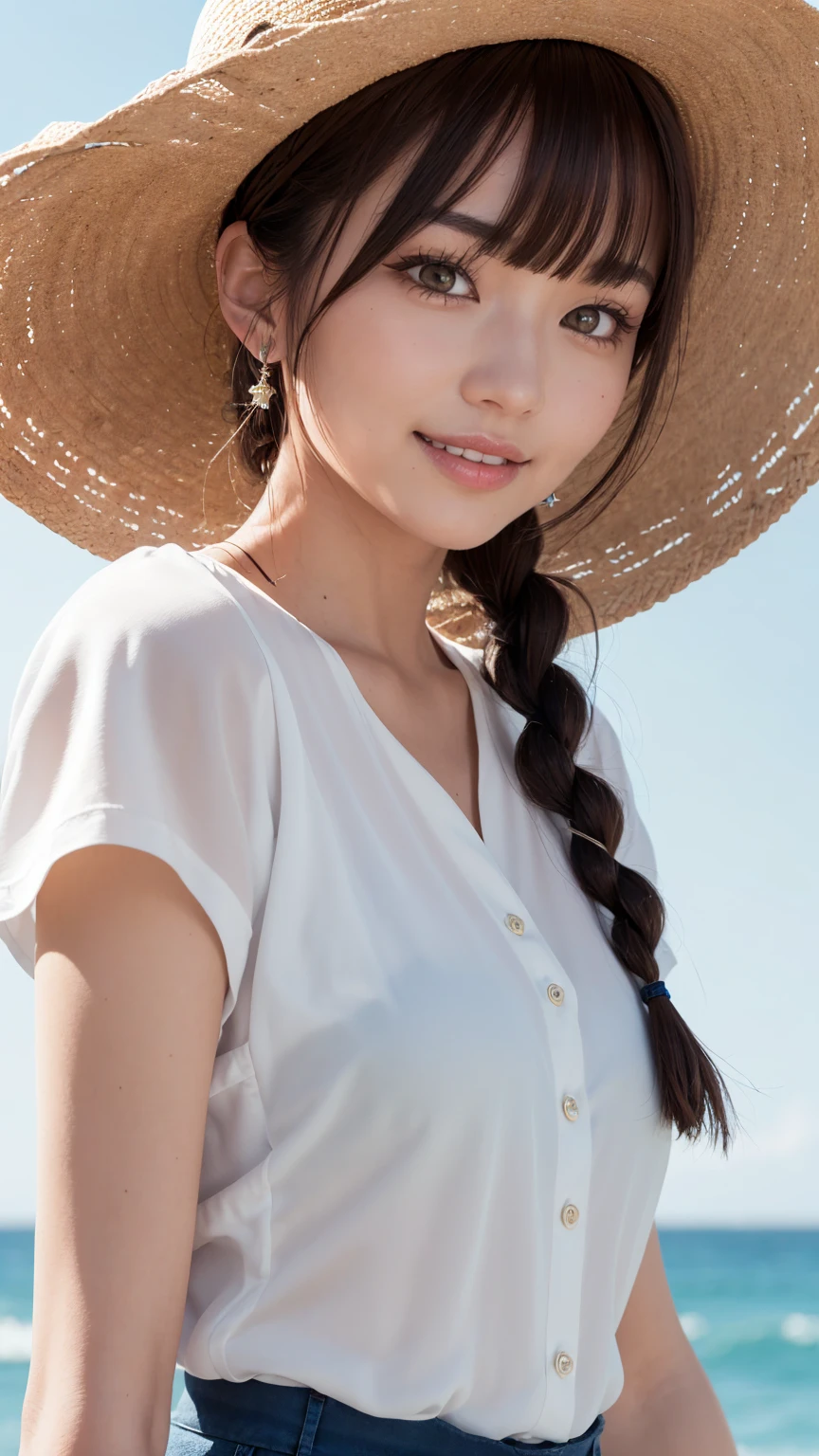 (Best quality, 8k, 32k, masterpiece, UHD: 1.2), photo beautiful Japanese woman, fair skin, bright light, shoulder bag, side display, best quality 8k walking on the sidewalk in a white soft dress and straw hat, soft and flowing, soft light, feel the cool breeze on the cheeks, delicate face, real people, ultra HD
