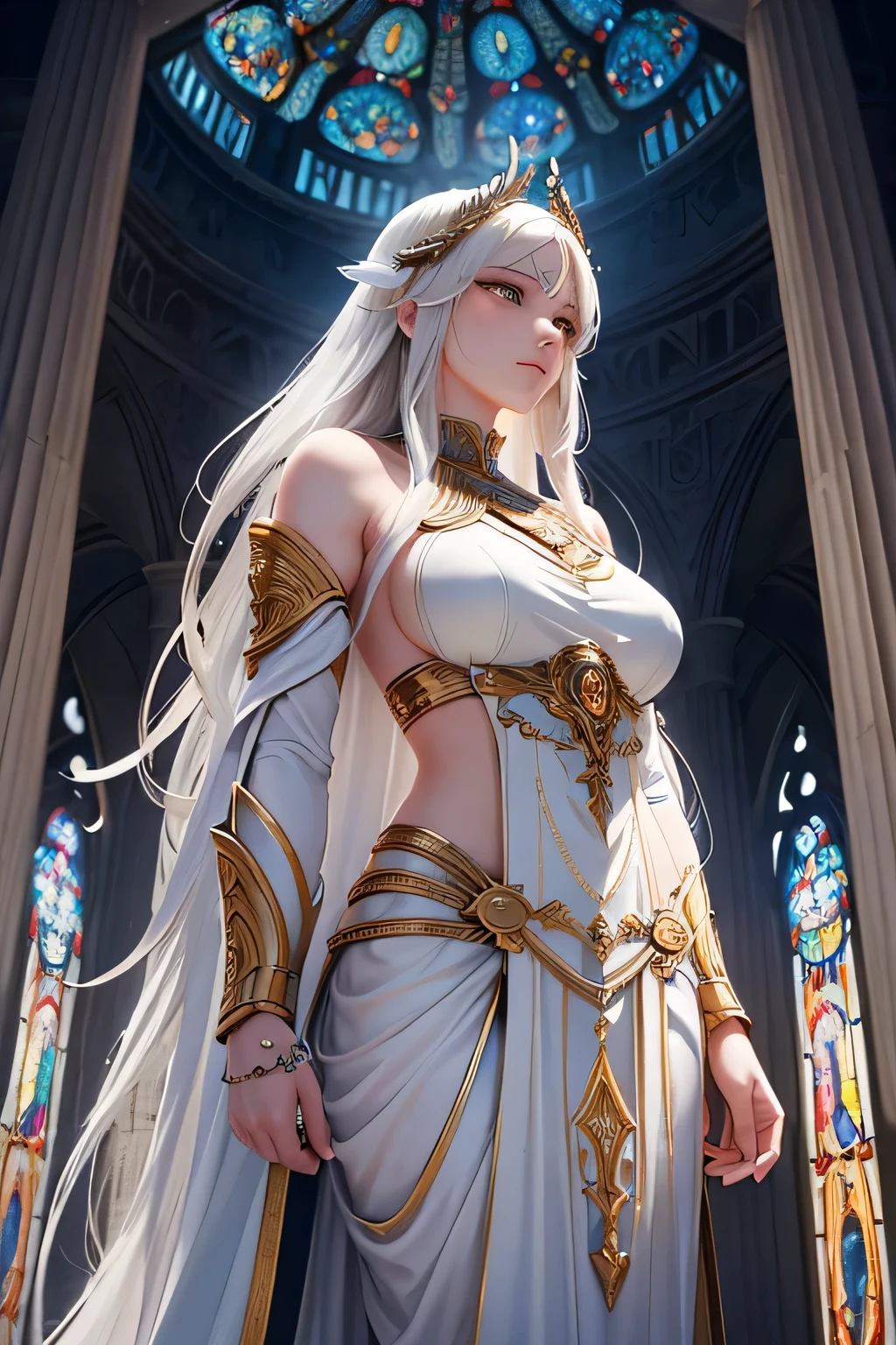 A long WHITE-haired Valkyrie stands gracefully in a magnificent temple, illuminated by the soft glow of moonlight filtering through stained glass windows. The temple is bathed in a mystical light, with shadows dancing on the marble floor. She is in deep conversation with the gods, their ethereal forms glowing with a faint, otherworldly light. The atmosphere is serene and majestic, with the grandeur of the temple and the sacredness of the moment emphasizing the Valkyrie's reverence and devotion in the tranquil night.(((upper body)))
