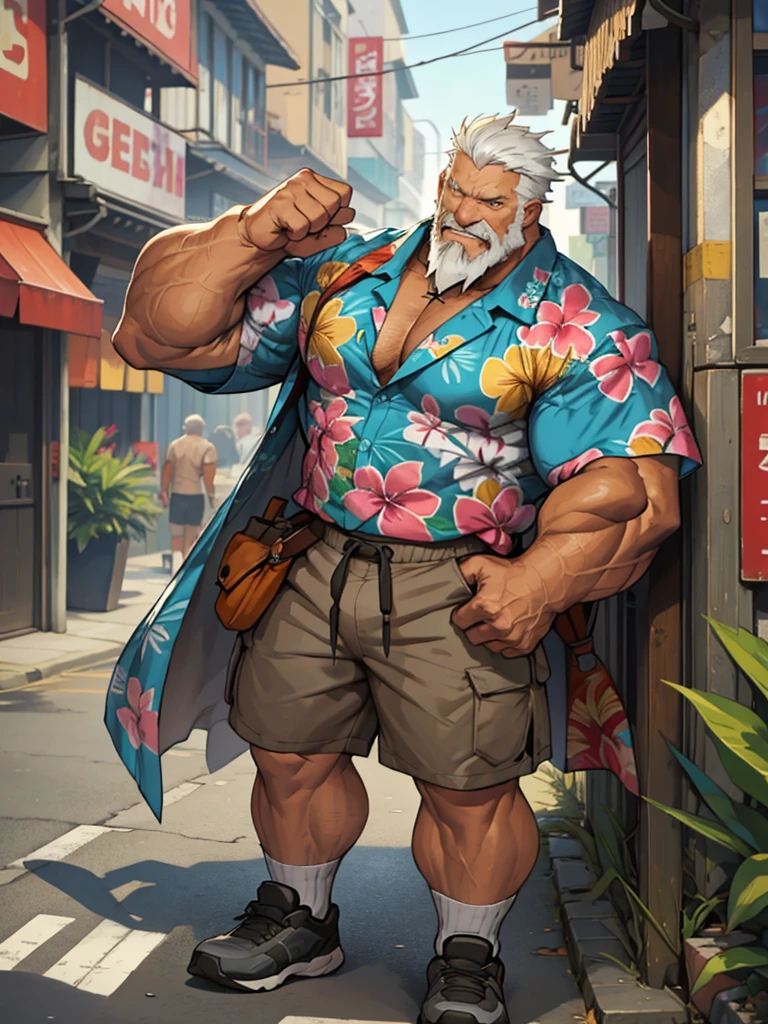 Solo, 1man, 1boy, old man in street city, old man, thick arm, huge arm, bearded. white hair and beard, bearded, muscular, pectoral, wide pectoral, realistic, 8k, masterpiece, (wearing shorts and wearing Hawaiian shirt, shoes)