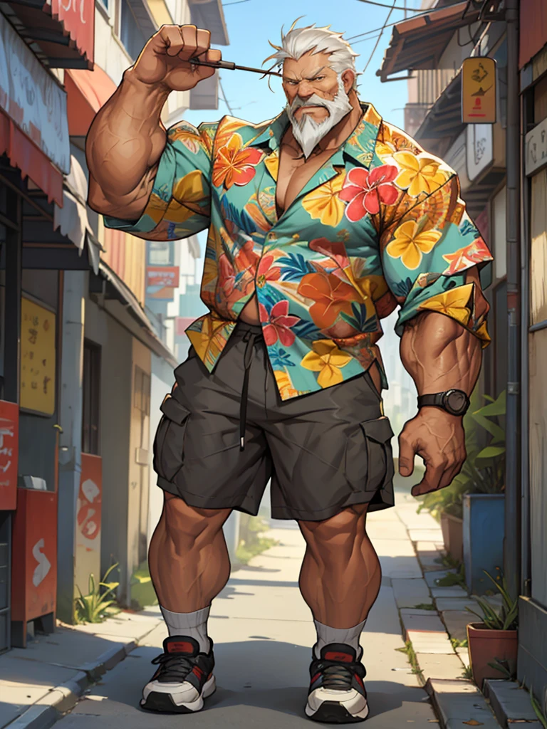 Solo, 1man, 1boy, old man in street city, old man, thick arm, huge arm, bearded. white hair and beard, bearded, muscular, pectoral, wide pectoral, realistic, 8k, masterpiece, (wearing shorts and wearing Hawaiian shirt, shoes)