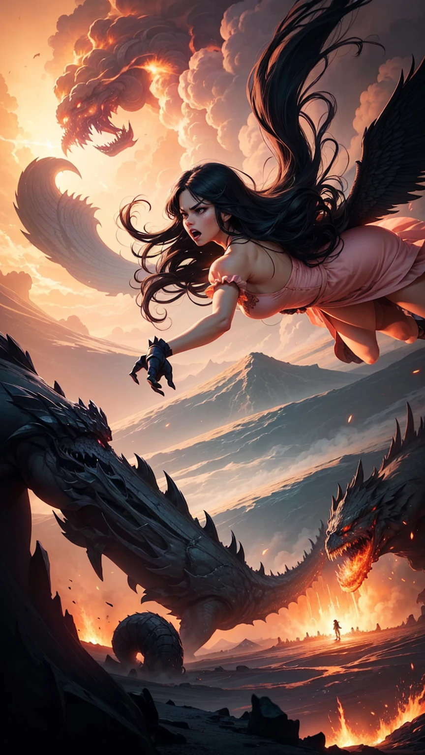 ((best quality)), ((masterpiece)), (detailed), A digital illustration of a furious woman in a light peach color princess dress with long black hair flying in the air surrounded by monsters, with a tornado and lava in the background 