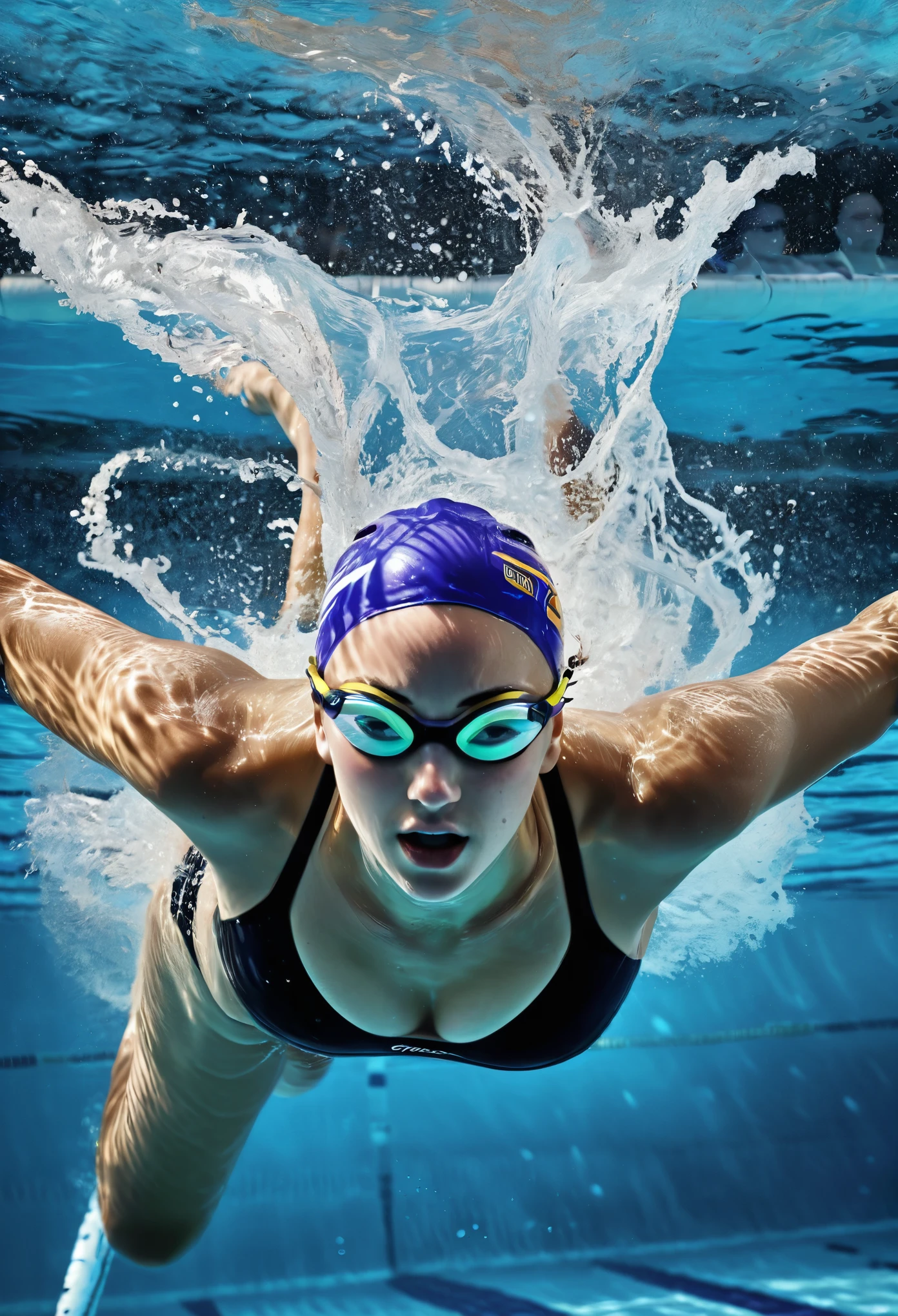 dynamic photos of sports, swimming, (ultra detailed, absolutely resolution, best quality:1.3), 2.5D, delicate and dynamic, shading effects, hyper realistic, artistic photography