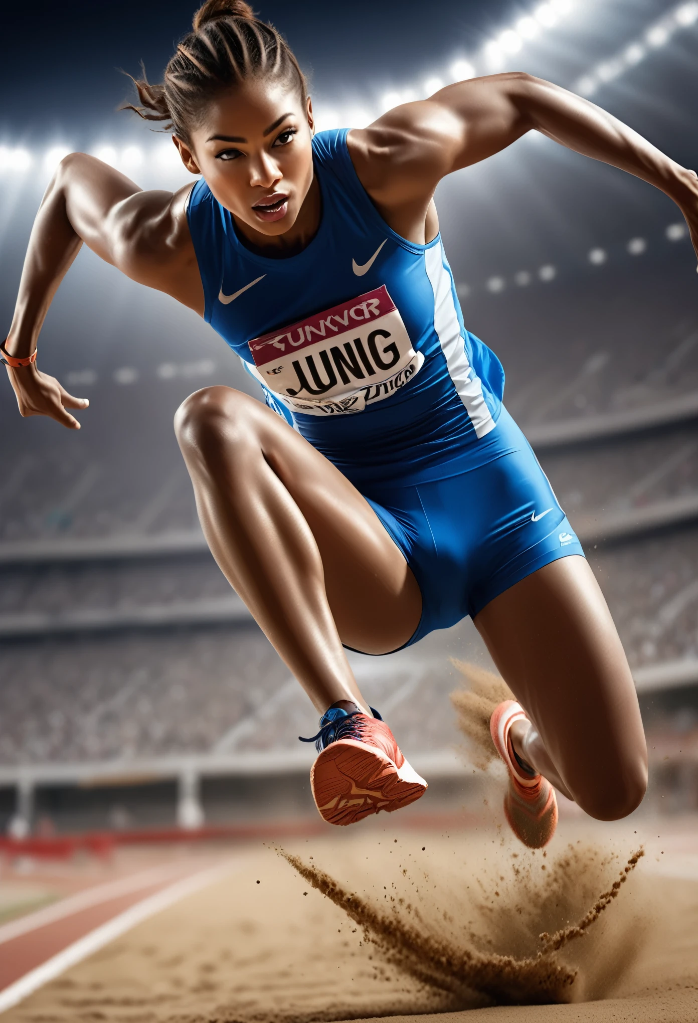 dynamic photos of sports, long jump, (ultra detailed, absolutely resolution, best quality:1.3), 2.5D, delicate and dynamic, shading effects, hyper realistic, artistic photography