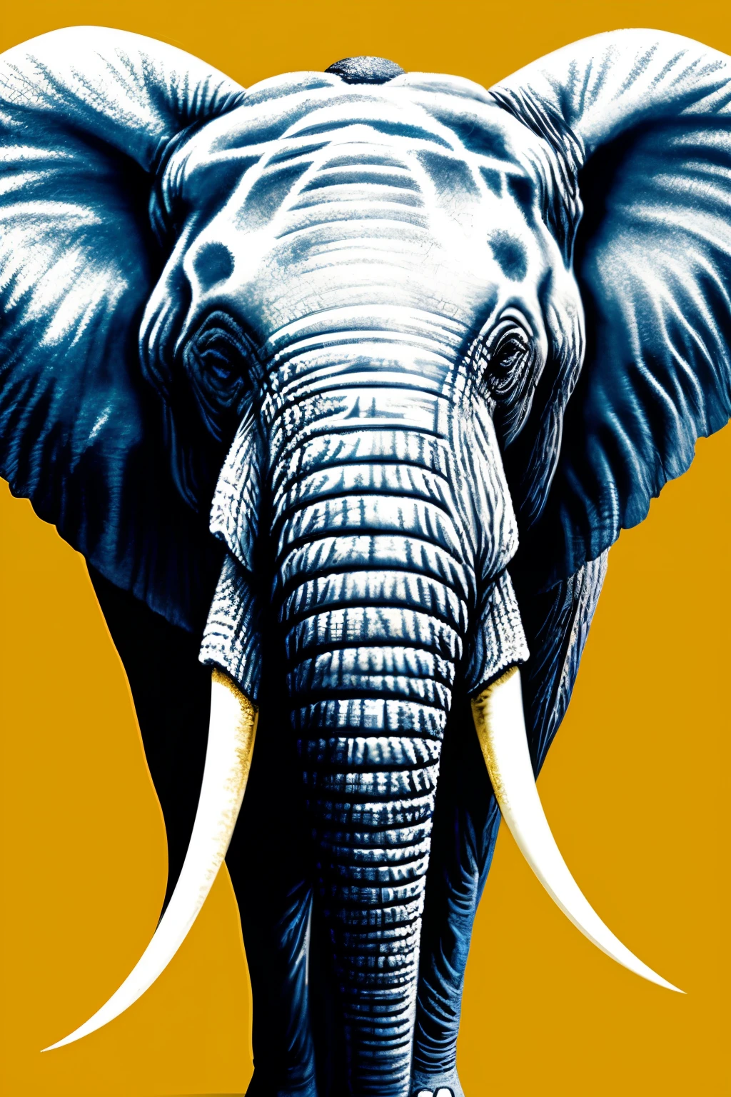 Create an image that showcases a stylized rendition of an Elephant's face, characterized by vibrant gold and silver hues. The dark black background serves as a stark contrast, enabling the intricate details of the Elephant's face to stand out. The design boasts a minimalistic yet detailed approach, with the Elephant's expressive eyes, distinctive ears, and pointed snout all clearly visible. The overall aesthetic exudes modernity and sophistication, infused with a playful twist that effectively captures the essence of the majestic animal in an abstract manner. The image, with its high resolution, delivers an exquisite blend of modern art and mythical symbolism, making it an impressive