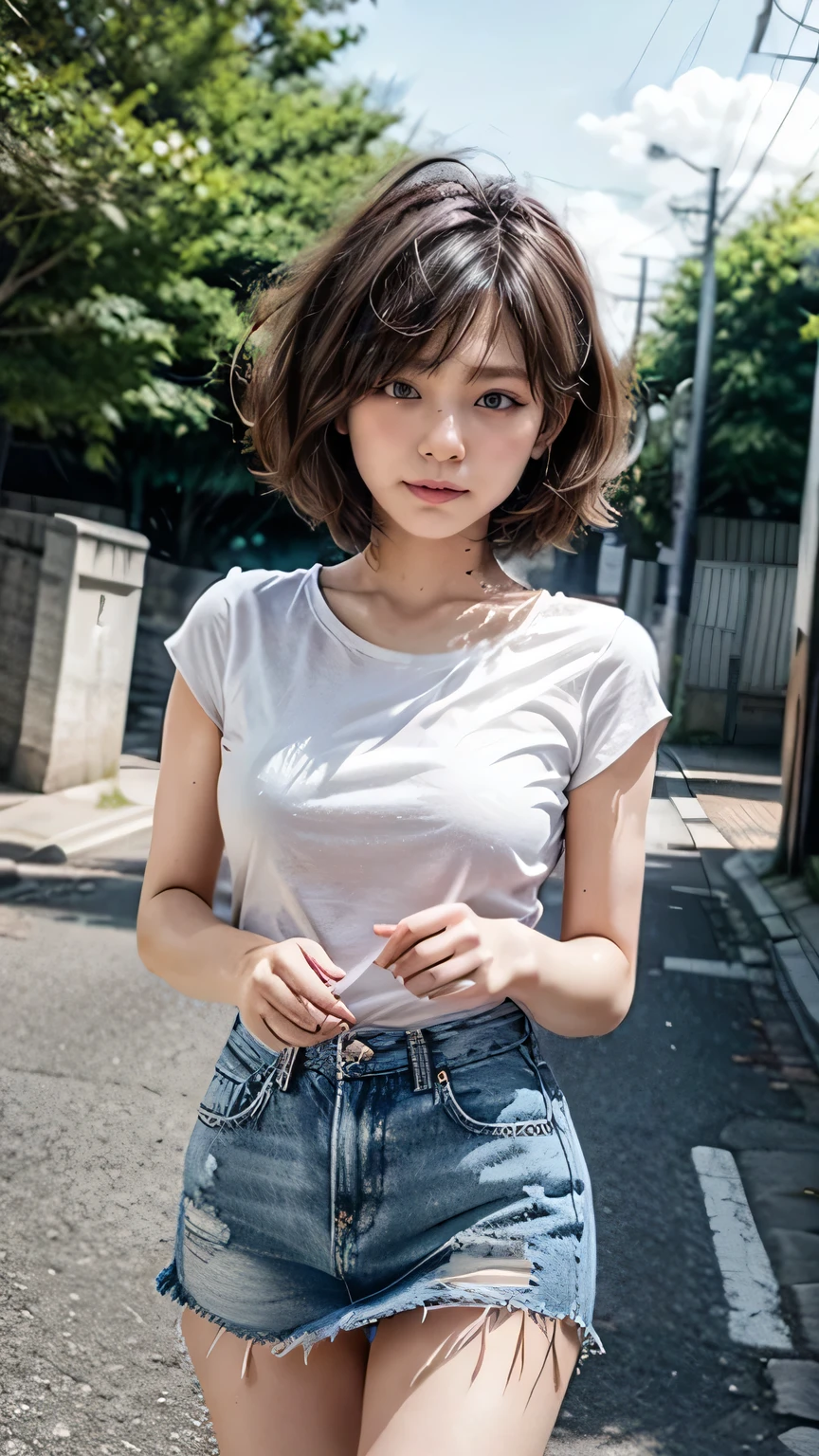 (Girl walking through the streets of Tokyo:1.2、blue sky)、((Shirt with ribbon、Tight mini skirt、White socks、sneakers)、the wind is strong、(Realistic、Like a photograph、Live Action、8k, Realistic, RAW Photos, Best image quality: 1.4), Single-lens reflex camera、RAW Photos, Highest quality, Realistic, Highly detailed CG Unity 8k wallpaper, Written boundary depth, Cinematic Light, Lens flare, Ray Tracing, Realistic background、((ultra high density skin))、 16-year-old girl、Cute Japanese Girl、(whole body:1.5)、Very detailedな顔，avert your eyes:1.1、(short hair:1.2、Short hair fluttering in the wind:1.4)、I like that style、stylish、Very detailed、Pay attention to the details、Perfect outfit、(Sunburned skin)、View from above、Accurate hands、Accurate legs、Detailed hands and fingers、Anatomically correct body、Thin legs、Thin thighs、Large Breasts