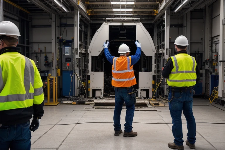 drop test, Fall test, full-body harness, people wearing hard hat turned around, machine, laboratory, experiment, safety, high definition, 4k, HD