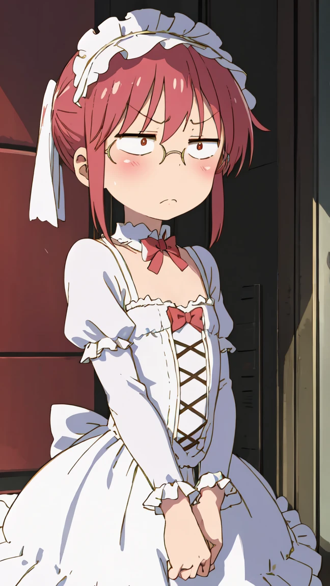 Kobayashi, blushing, frown, (Bust size very very small.)), (flat chest:1.2), ta Costume, sweetlolita