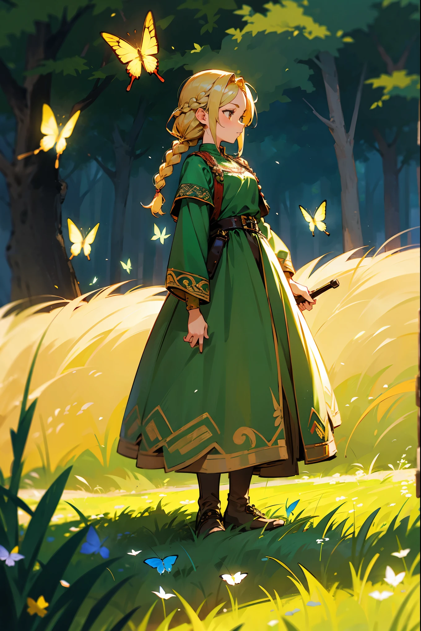 1female, braided blonde hair, brown eyes, green medieval dress with golden embroidery, standing in a blooming meadow, masterpiece, 8k, butterflies fluttering, standing on path