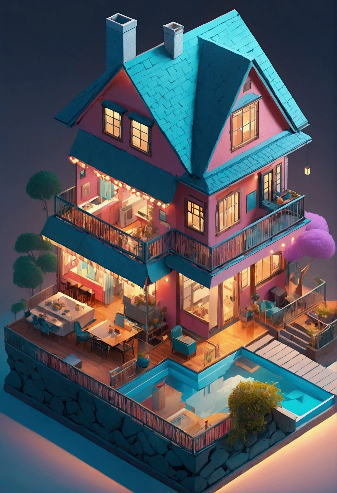 isometric house, 3d, illustration, aesthetic