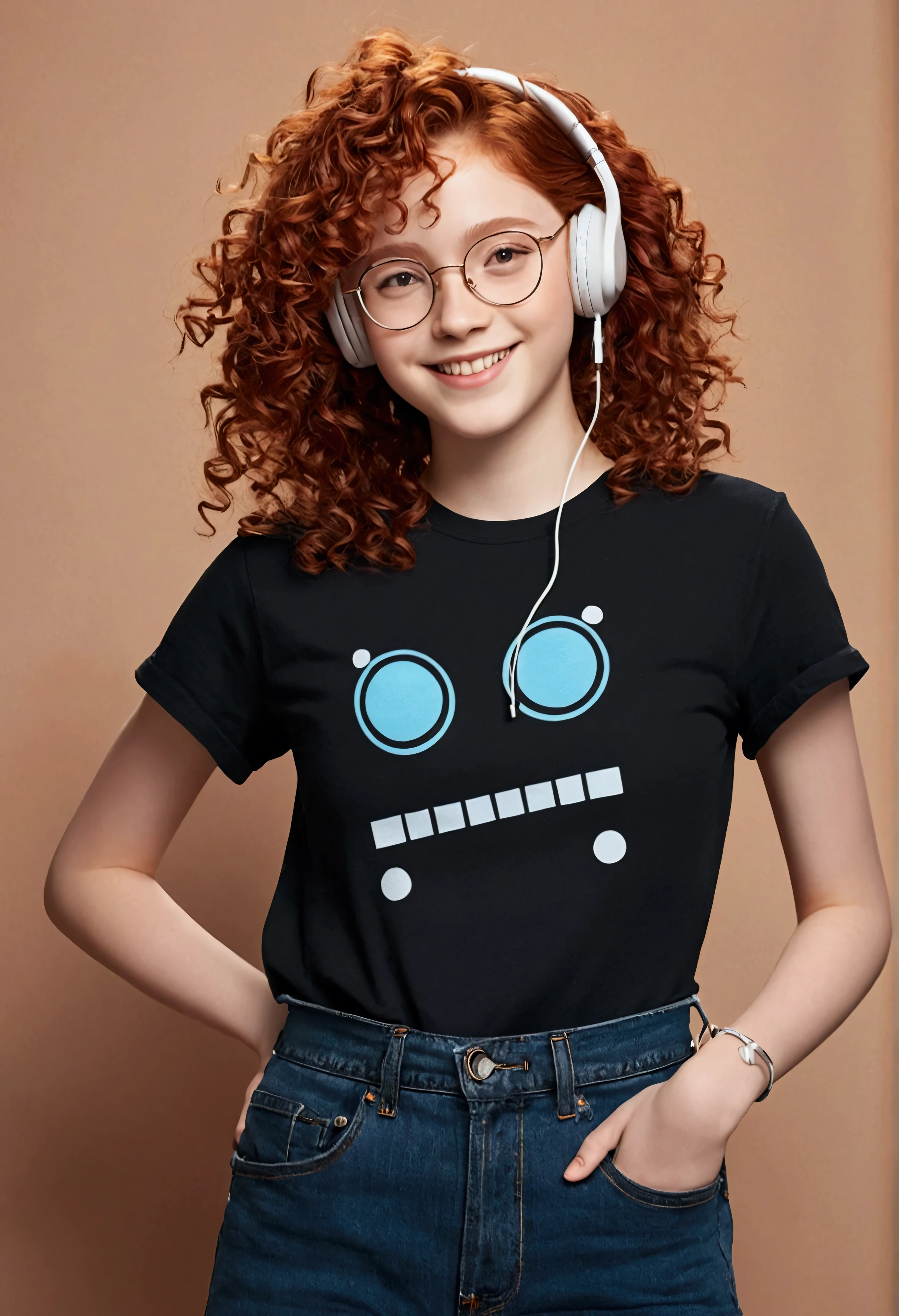 Robot SeaArt, Txt2Img, 11:21:31, masterpiece, Best Quality),1 teenager of 16 years, wavy red hair, round glasses, Curly hair, smiling, black t-shirt, wide-leg jeans, hand on waist, in ear headphones, warm lighting, blurred closeup, posing for your own photo.