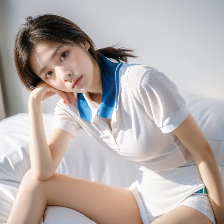 8k, High resolution, Anatomically correct, Attention to detail, Japanese woman, ((Wearing tennis wear, White short-sleeved polo shirt with collar, White tennis Skirt)),Ponytail hairstyle, short hair, Show off your beautiful thighs,Beautiful Face,clear, Beautiful Eyes,Beautiful Eyes,Inviting eyes,Kind eyes,Realistic depiction, photograph,((Two Women)),Exquisite,clear,Textured skin,clear skin,Small face,Small Mouth,Natural Makeup,Seduce,Embarrassing, ((cowgirl position, open legs, on bed)), ((sex, masturbation, touch pussy))