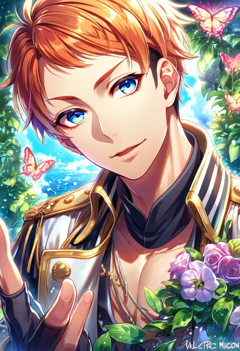 absurdres, highres, ultra detailed, HDR, master piece, best quality, extremely detailed face, delicated features, Busujima Meison Riou, orange hair, undercut hair, short bangs, expressive blue eyes, Hypnosis Mic, solo, sexy man, handsome, soldier clothes, black fingerless gloves, fantasy, magical, butterflies, summer, green leaves, flowers, water